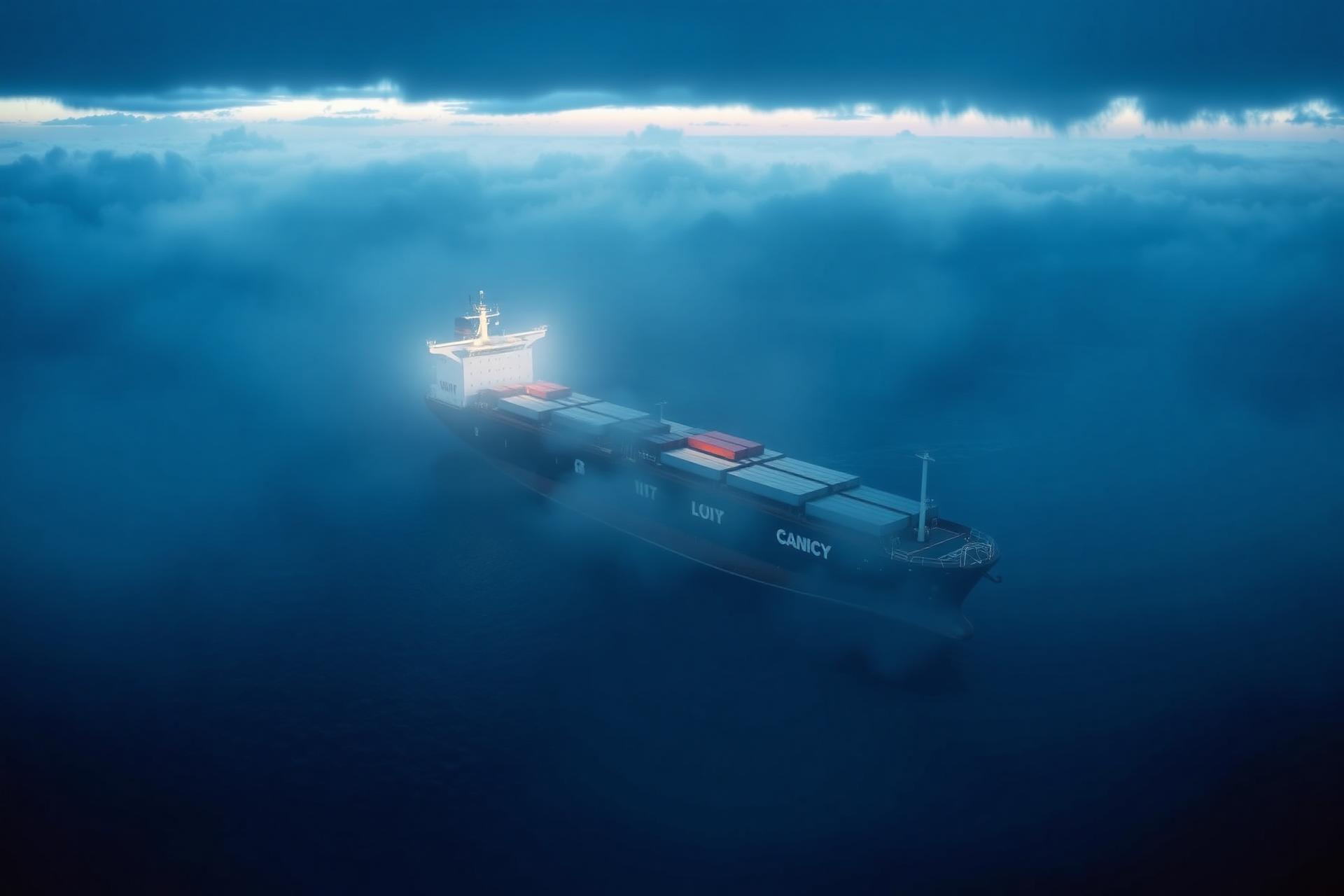 Container ship at sea during blue hour